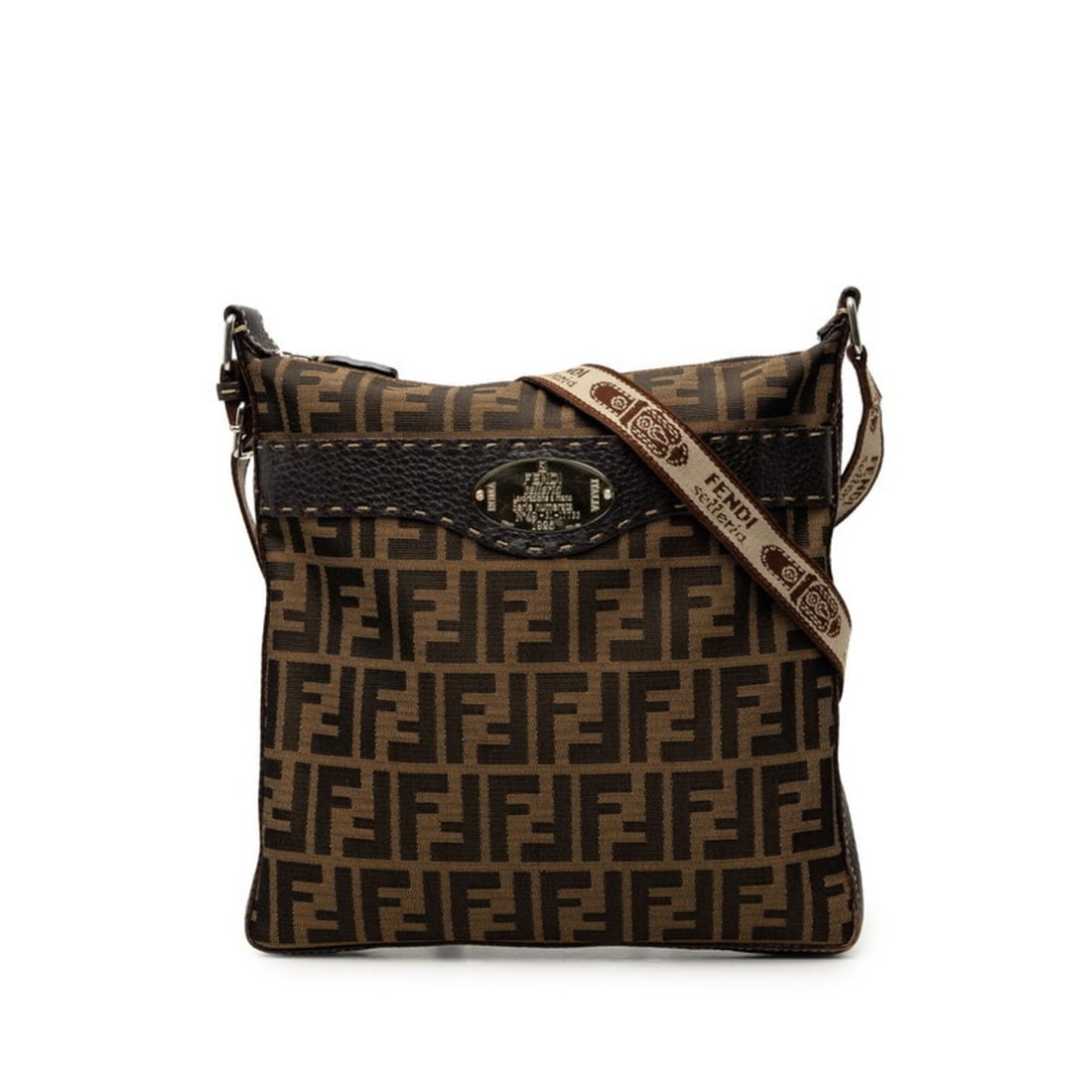 Fendi Zucca Logo Plate Crossbody Shoulder Bag 8BT109 Brown Canvas SV925 Silver Leather Women's FENDI (1 of 12)