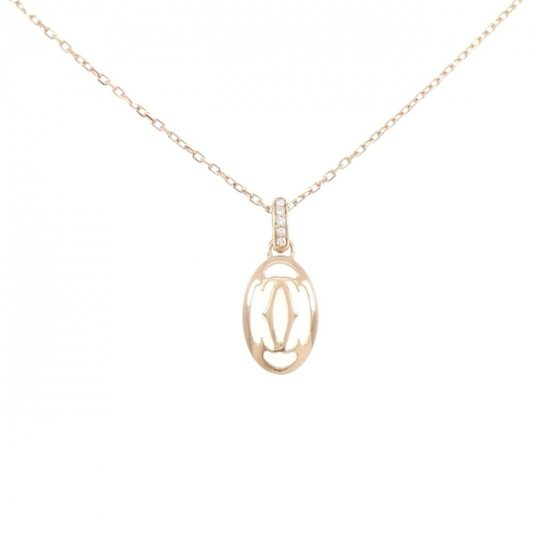 Cartier logo necklace: --- Catalog ---Category: SizePendant Size: 21.7mm x 9.3mm / 0.85'' x 0.36''Neck Circumference: 38 cm - 41 cm / 14.96'' - 16.14''Category: DesignColor: Pink goldStone: DiamondGender: WomenMaterial:
