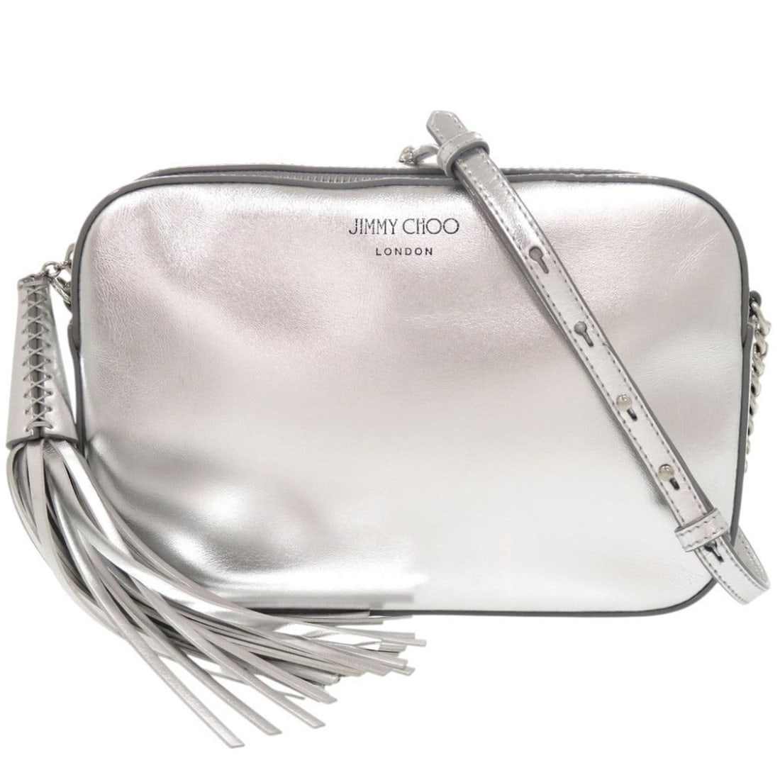 Jimmy Choo Athini Camera Bag, Leather, Silver, Shoulder Bag 0661: --- Catalog ---Category: SizeSize (HxWxD): 15cm x 22cm x 5.5cm / 5.9'' x 8.66'' x 2.16''Category: DesignType: Shoulder bagColor: SilverGender: WomenMaterial: Leather Category: GeneralBrand: Jimmy Choo