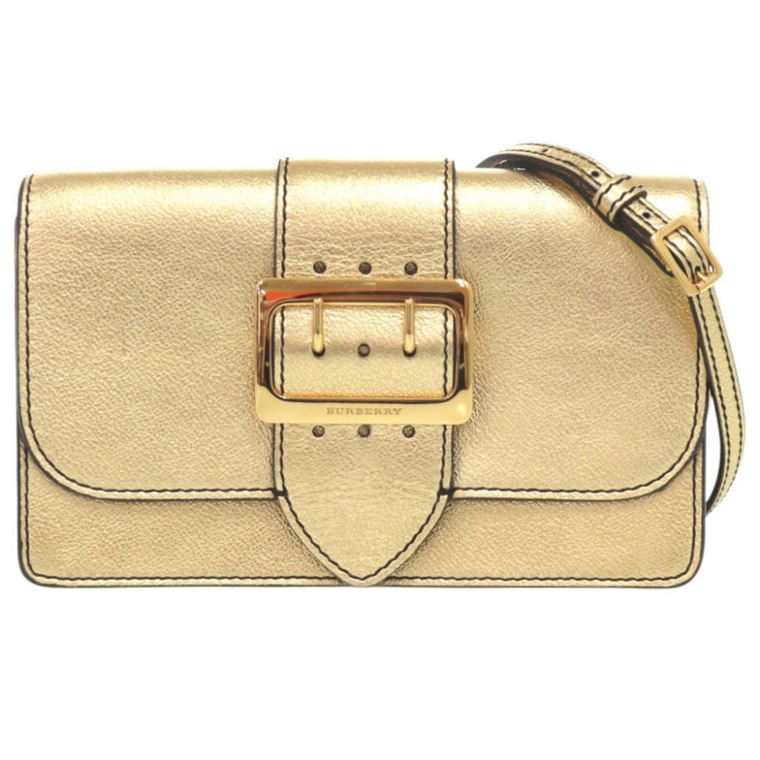 Burberry Buckle Metallic Leather Gold Shoulder Bag 1410BURBERRY: --- Catalog ---Category: SizeSize (HxWxD): 13.5cm x 23cm x 5cm / 5.31'' x 9.05'' x 1.96''Category: DesignType: Shoulder bagColor: Gold, MetallicGender: WomenMaterial: Leather Category: GeneralBrand: B