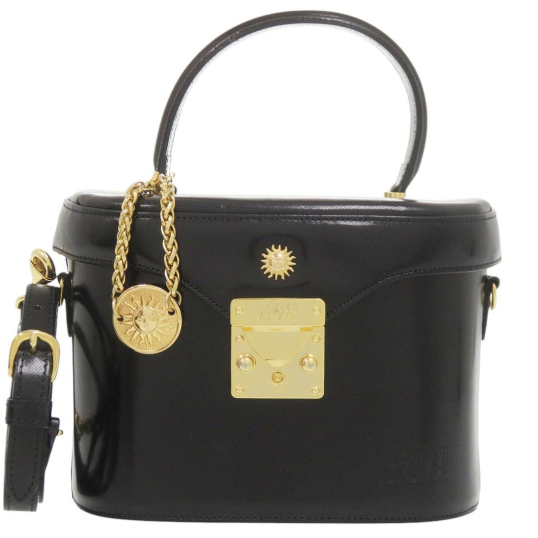 Gianni Versace 847312 2-Way Leather Black Handbag Vanity Bag 0166: --- Catalog ---Category: SizeSize (HxWxD): 14.5cm x 21cm x 11.5cm / 5.7'' x 8.26'' x 4.52''Category: DesignType: Handbag, Vanity bagColor: BlackGender: WomenMaterial: Leather Category: GeneralMPN: 847