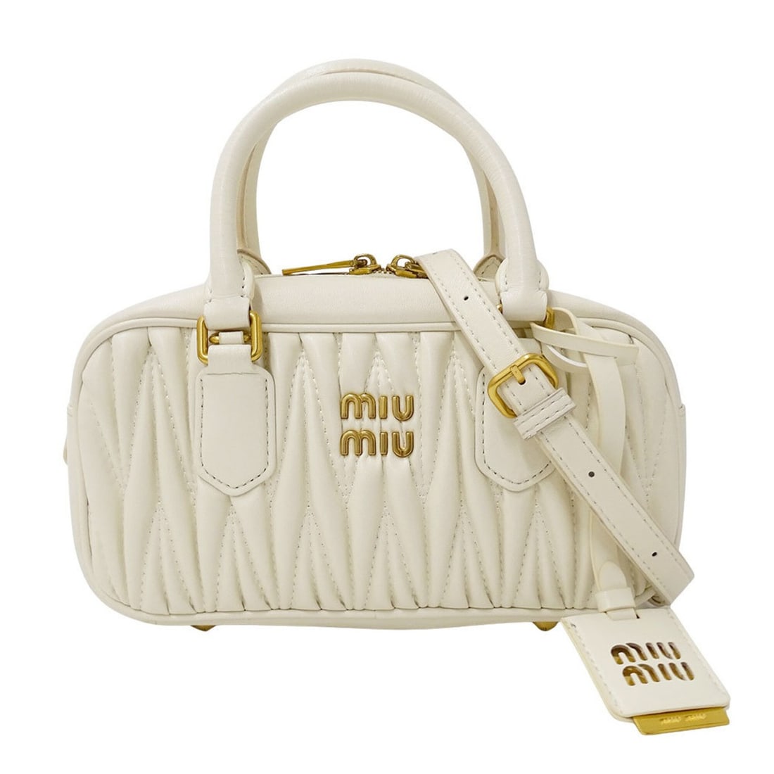 Miu Miu Miu handbag for women, brand name, handbag/shoulder bag, 2-way, leather, Arcadi Matelassé,: --- Catalog ---Category: SizeSize (HxWxD): 11.5cm x 22cm x 7.5cm / 4.52'' x 8.66'' x 2.95''Category: DesignType: Handbag, Shoulder bagColor: WhiteGender: WomenMaterial: Leather Category: GeneralMPN: 5