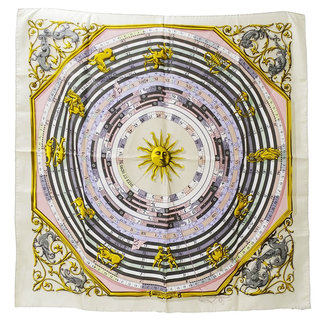 Hermes scarf/muffler for women, brand name, Carre 90, DIES ET HORE, astrology, silk, light: --- Catalog ---Category: SizeSize (LxW): 90cm x 90cm / 35.43'' x 35.43''Category: DesignType: ScarfColor: Light beige, PurpleGender: WomenMaterial: Silk Category: GeneralBrand: HermesCountry of Origin
