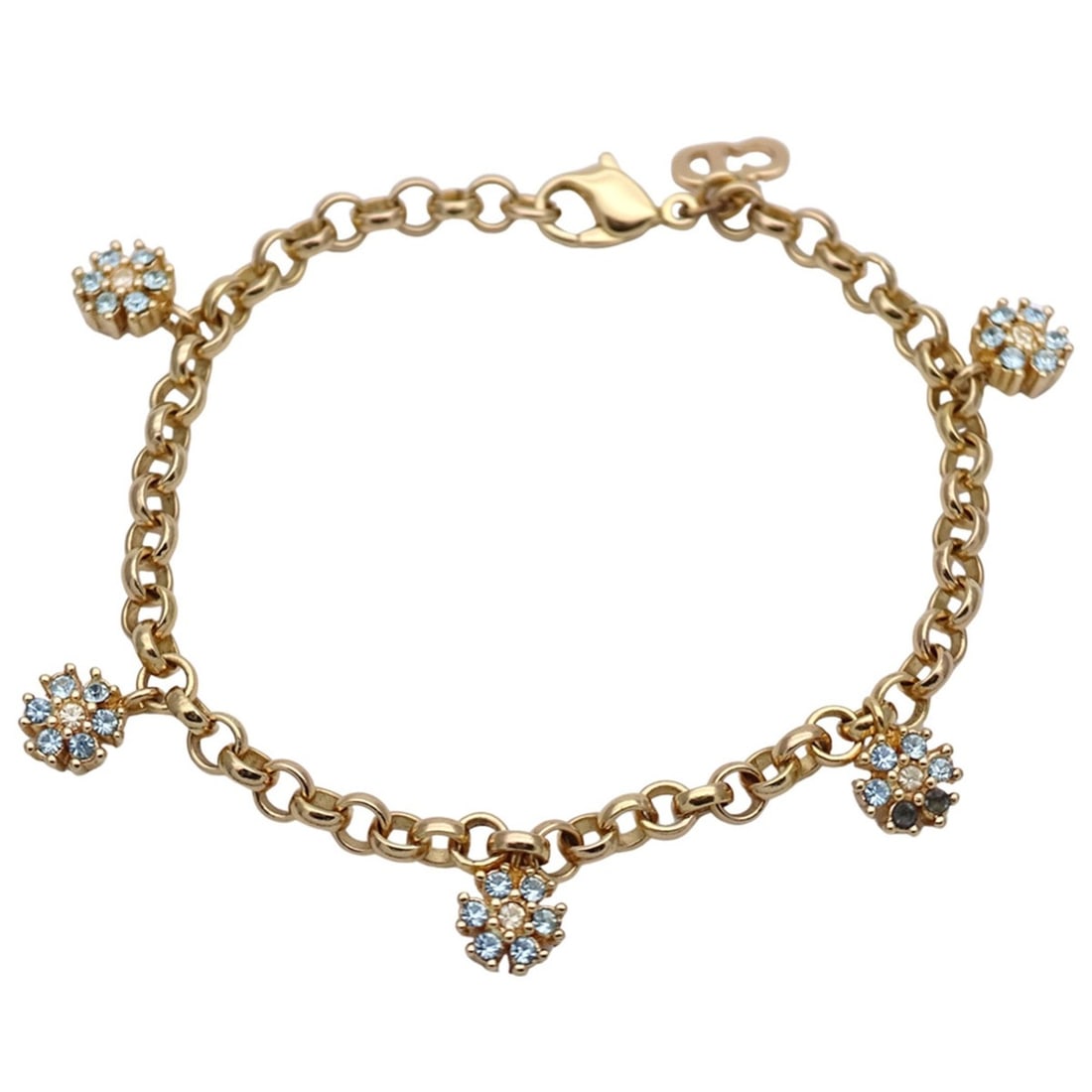 Christian Dior Dior bracelet for women, brand name, flower design, gold and light blue chain, plated: --- Catalog ---Category: SizeLength: 18cm / 7.08''Stone Size (HxW): 6.3mm x 6.3mm / 0.24'' x 0.24''Category: DesignType: Charm braceletColor: GoldGender: WomenCategory: GeneralBrand: Christian Dior---
