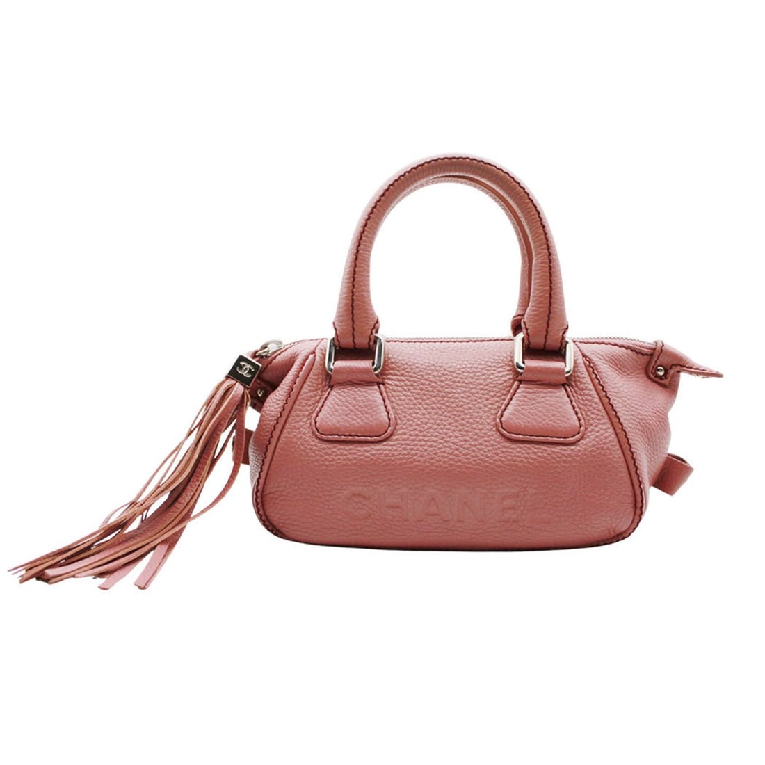 Chanel handbag for women, brand name, leather, pink, silver hardware, tassel.: --- Catalog ---Category: SizeSize (HxWxD): 13cm x 24cm x 11cm / 5.11'' x 9.44'' x 4.33''Category: DesignType: HandbagColor: PinkGender: WomenMaterial: Leather Category: GeneralBrand: ChanelCountry of 