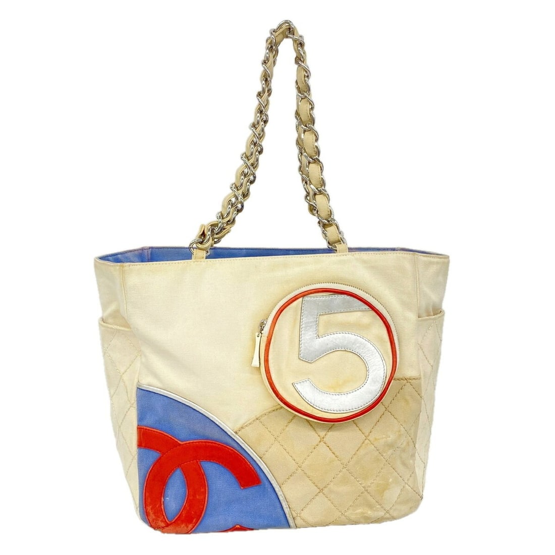 Chanel Chain Tote Bag No. 5 Canvas White Blue Women's P3584413: --- Catalog ---Category: SizeSize (HxWxD): 29cm x 29cm x 15cm / 11.41'' x 11.41'' x 5.9''Category: DesignType: Tote bagColor: Blue, WhiteGender: WomenMaterial: Canvas Hardware Color: SilverCategory: G