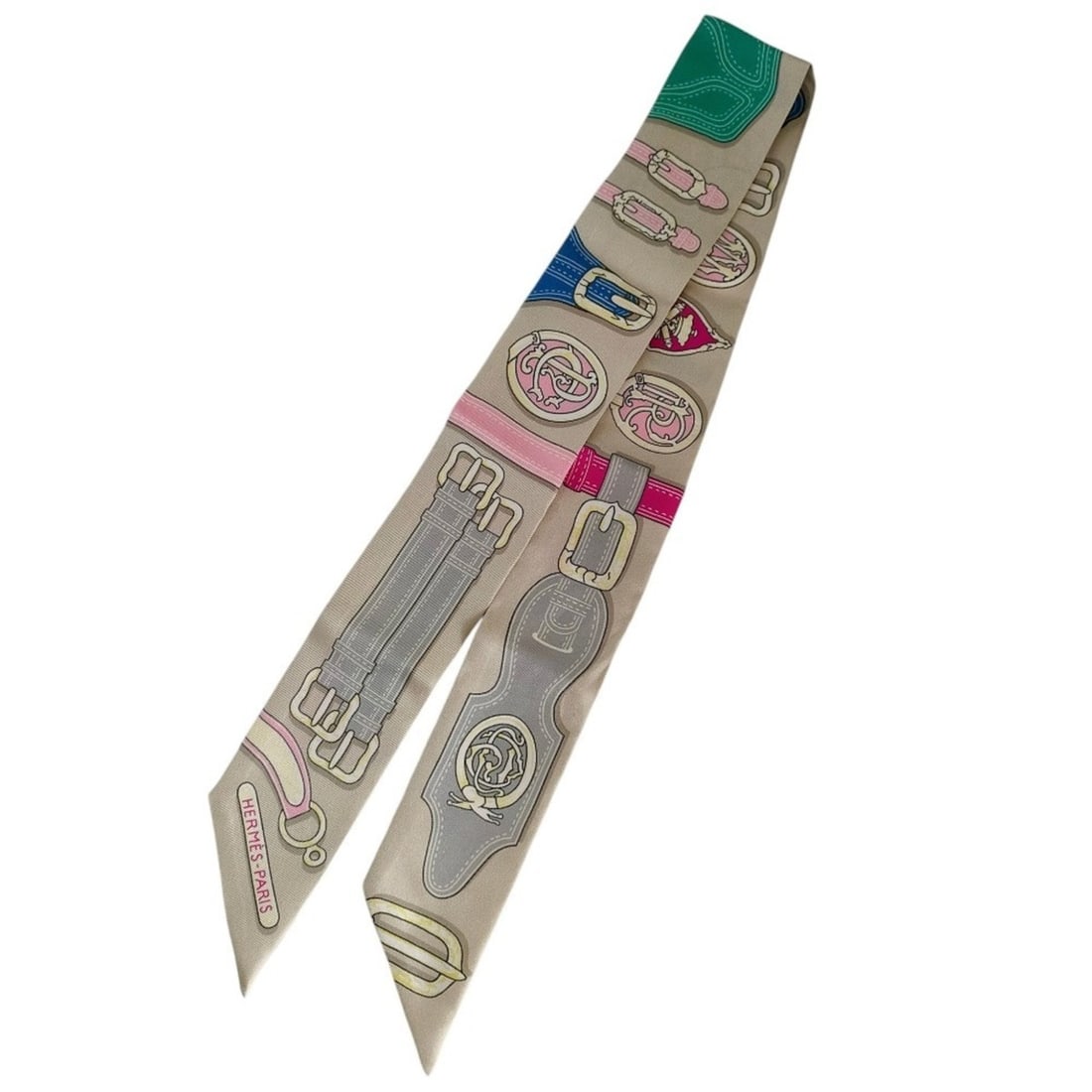 HERMES Harnais des Presidents Silk Twilly Scarf, Beige Multicolor, Women's: --- Catalog ---Category: SizeSize (LxW): 84cm x 5.3cm / 33.07'' x 2.08''Category: DesignType: ScarfColor: Beige, Multi-colorGender: WomenMaterial: Silk 100%Category: GeneralBrand: Hermes--- Item List 