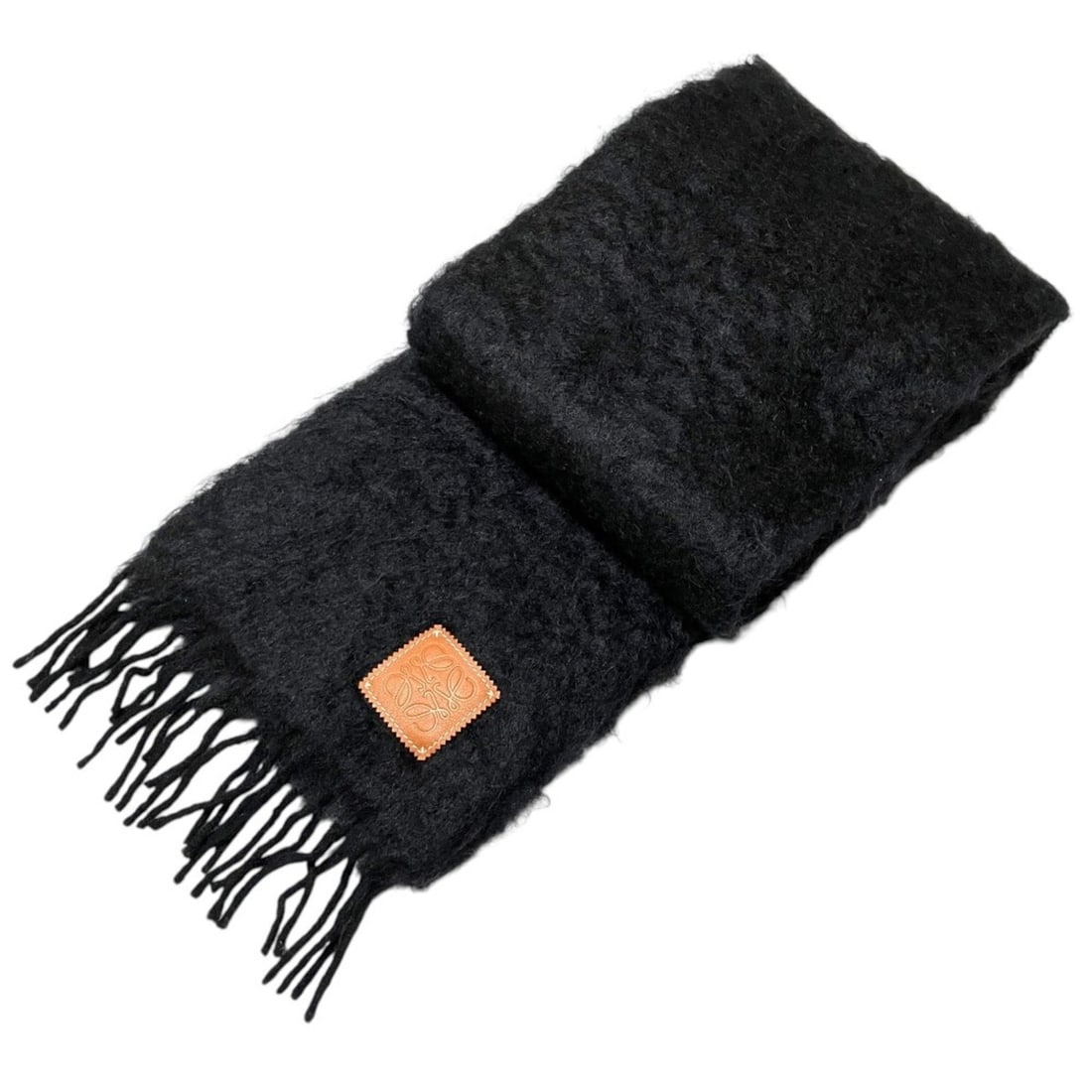 LOEWE Anagram Leather Patch Mohair Wool Shaggy Knit Fringe Scarf, Black, Women's: --- Catalog ---Category: SizeSize (LxW): 1.85m x 23cm / 72.83'' x 9.05''Category: DesignType: StoleColor: BlackGender: WomenMaterial: Mohair 50%, Wool 48%, Nylon 2%Category: GeneralBrand: Loewe--- Ite