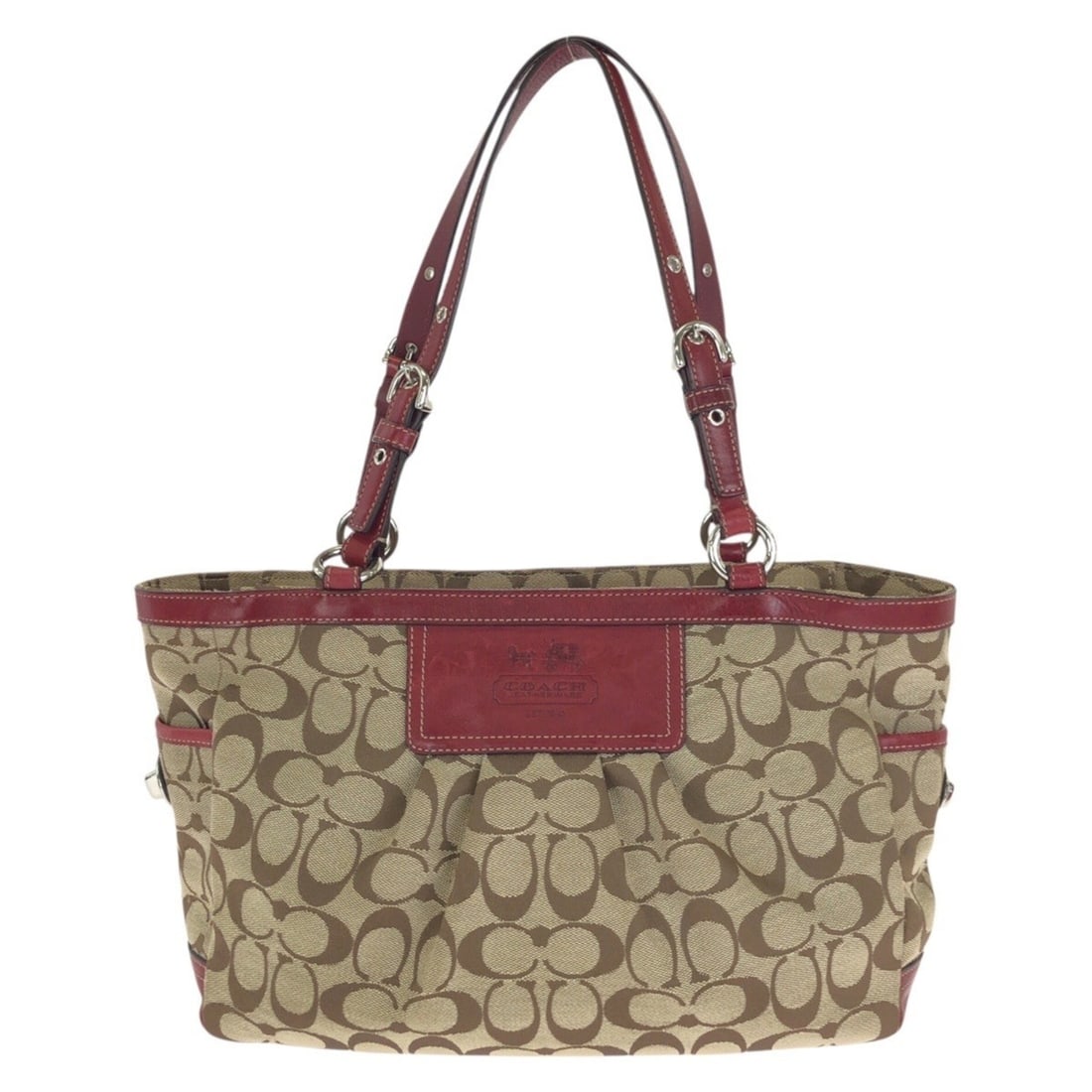 COACH Signature Tote Bag/Shoulder Bag for Women, Beige/Red with Silver Hardware, Canvas and Leather,: --- Catalog ---Category: SizeSize (HxWxD): 20cm x 37cm x 12cm / 7.87'' x 14.56'' x 4.72''Category: DesignType: Shoulder bag, Tote bagColor: Beige, Red colorGender: WomenMaterial: Canvas , Leather Cate