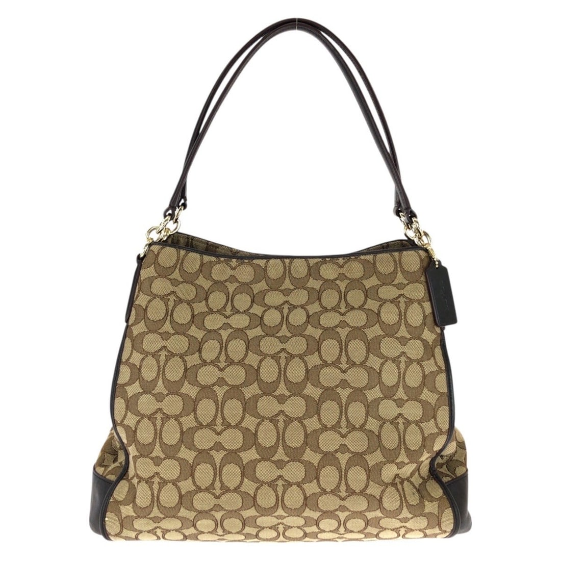 COACH Outline Signature Beige Brown Gold Hardware Canvas Leather Shoulder Bag F36424 for Women: --- Catalog ---Category: SizeSize (HxWxD): 26cm x 33cm x 13cm / 10.23'' x 12.99'' x 5.11''Category: DesignType: Shoulder bagColor: Beige, BrownGender: WomenMaterial: Canvas , Leather Category: General