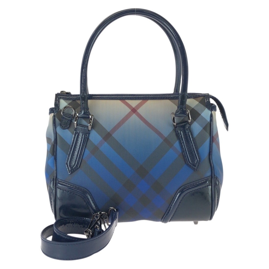 BURBERRY Check Pattern 2-Way Shoulder Bag/Mini Boston Bag for Women, Blue with Gunmetal Hardware,: --- Catalog ---Category: SizeSize (HxWxD): 22cm x 26cm x 13cm / 8.66'' x 10.23'' x 5.11''Category: DesignType: Boston bag, Shoulder bagColor: BlueGender: WomenMaterial: PVC , Leather Leather/Fur Type: