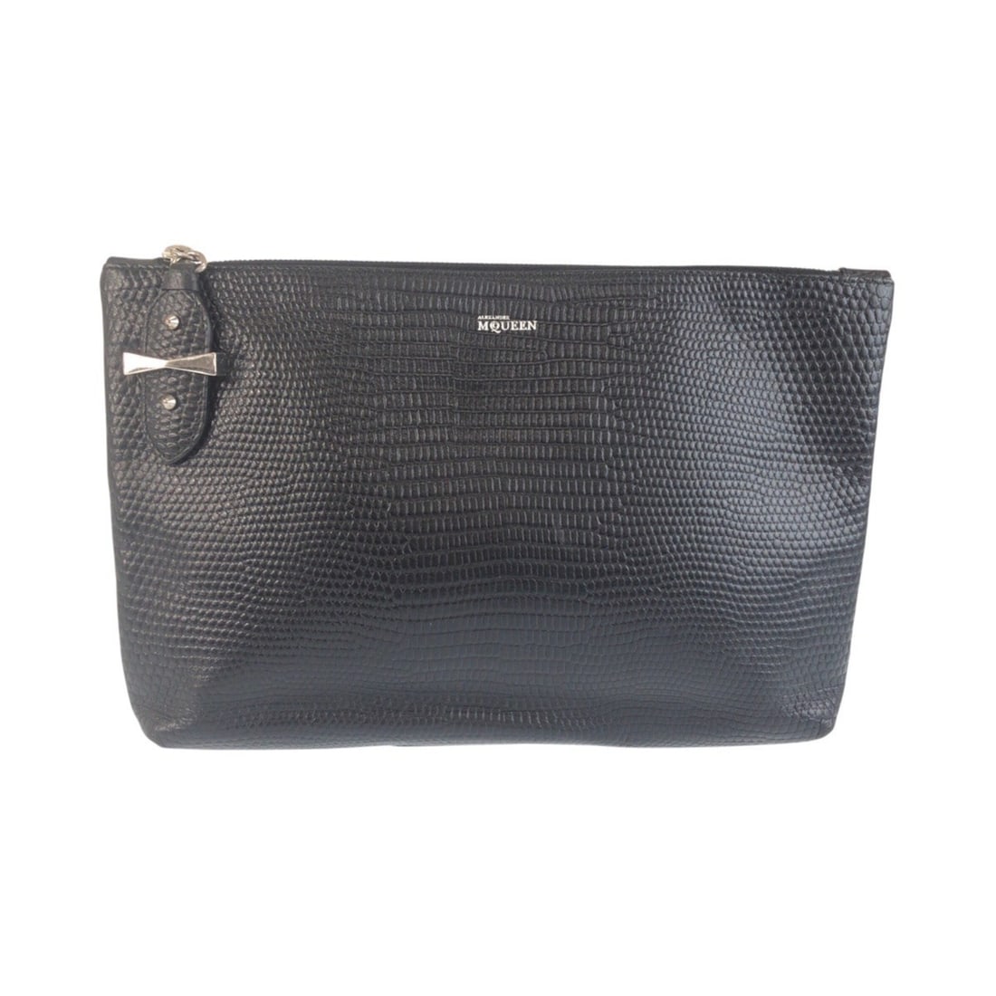 Alexander McQueen embossed black leather clutch bag with silver hardware for men.: --- Catalog ---Category: SizeSize (HxWxD): 20cm x 29cm x 4cm / 7.87'' x 11.41'' x 1.57''Category: DesignType: Clutch bagColor: BlackGender: MenMaterial: Leather Leather/Fur Type: Embossed leatherCateg