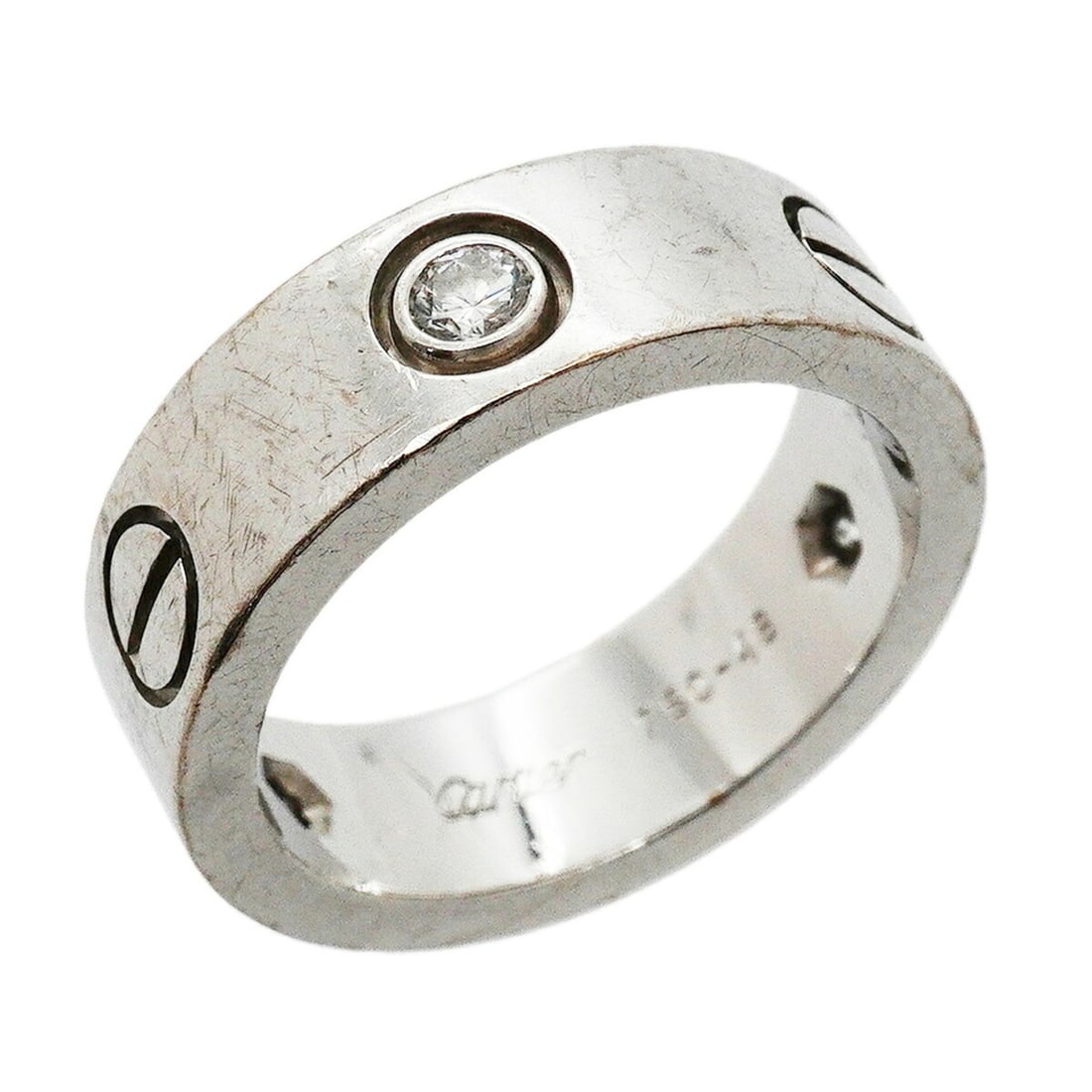 Cartier Love Ring, 3PD, 18K White Gold, Diamond, Size 48, Ladies', P3507809: --- Catalog ---Category: SizeUS Size: 4.5Brand Size: 48Category: DesignType: Band ringStone: DiamondGender: WomenMaterial: White gold (18K)Category: GeneralBrand: Cartier--- Item List ---Section: Cond