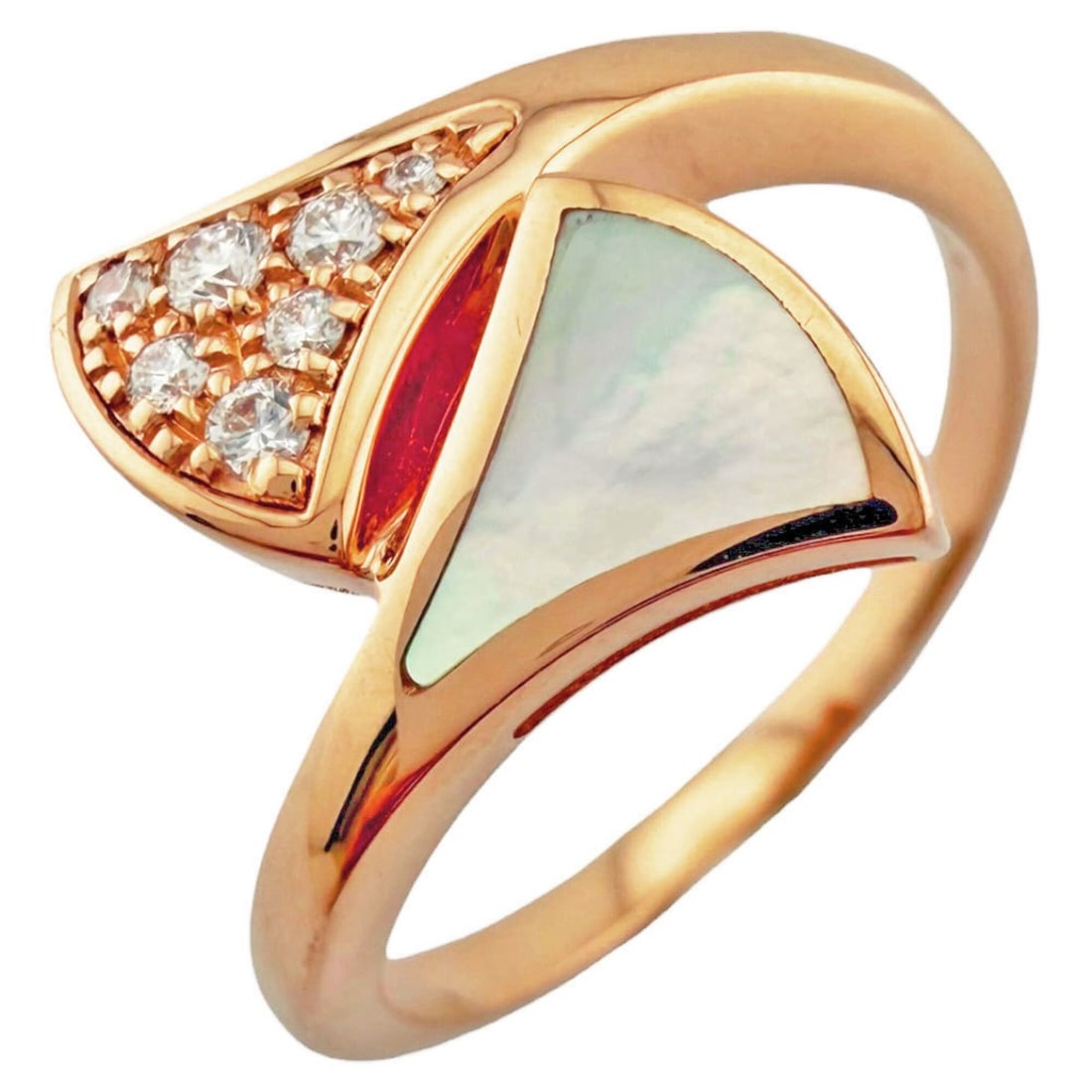 BVLGARI Tiva Dream Ring, 18K Pink Gold, Mother-of-Pearl, Diamond, Women's Ring.: --- Catalog ---Category: PackNumber in Pack: 1Category: SizeJP Size: 15US Size: 7.5Category: DesignType: Band ringColor: Pink goldGender: WomenMaterial: Mother of pearl, Pink gold (18K)Category: Gener