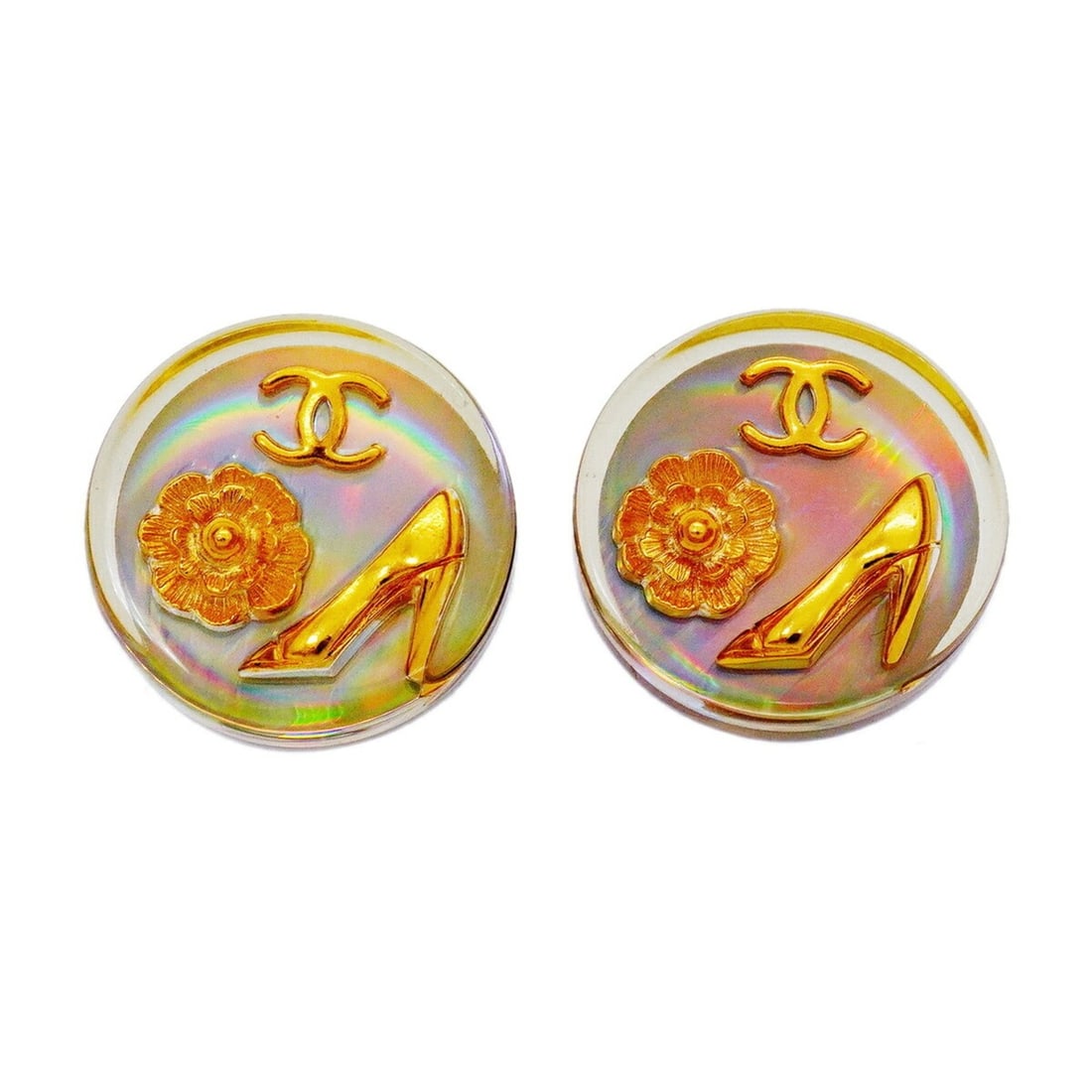 Chanel Earrings, Coco Mark, Camellia, Circle, High Heel Motif, GP Plated, Gold, Clear, Women's: --- Catalog ---Category: SizeSize (HxWxD): 24.70mm x 24.90mm / 0.97'' x 0.98''Category: DesignType: Clip earringsColor: Clear, GoldGender: WomenMaterial: Gold platingCategory: GeneralBrand: Chanel--- 