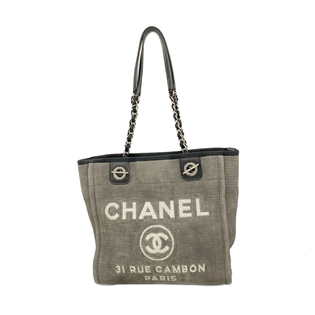 Chanel Deauville Chain Tote Bag, Gray Canvas, Women's P3534047: --- Catalog ---Category: SizeSize (HxWxD): 26cm x 26cm x 9.5cm / 10.23'' x 10.23'' x 3.74''Category: DesignType: Tote bagColor: GrayGender: WomenMaterial: Canvas Hardware Color: SilverCategory: Genera