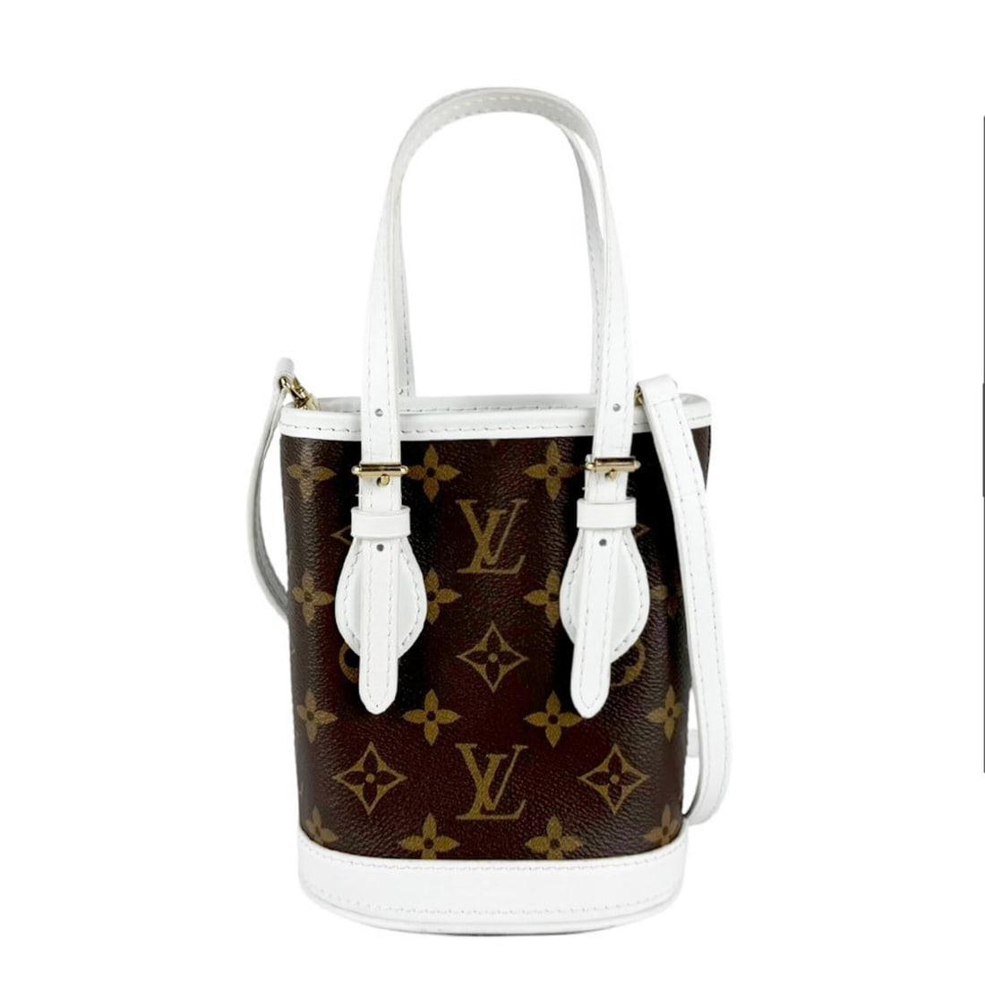 Louis Vuitton LOUIS VUITTON Shoulder Bag LV Match Monogram Nano Bucket Canvas Leather White Brown: --- Catalog ---Category: SizeSize (HxWxD): 17cm x 15cm x 9cm / 6.69'' x 5.9'' x 3.54''Category: DesignType: Shoulder bagColor: Brown, Monogram, WhiteGender: WomenMaterial: Monogram , Leather Category: