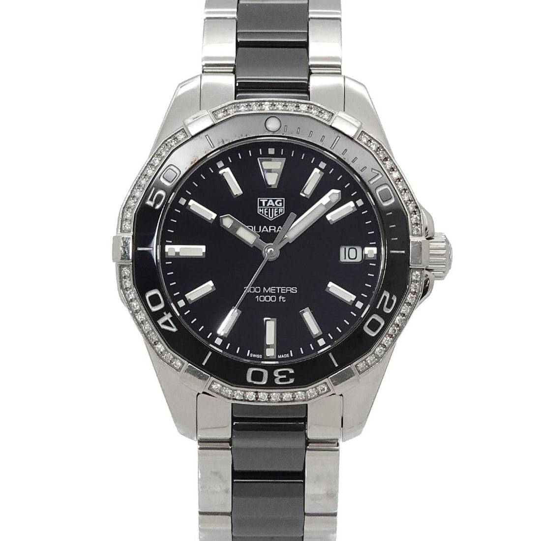 TAG Heuer Aquaracer WAY131G Women's Watch, Diamond Bezel, Date Display, Black Quartz Watch: --- Catalog ---Category: SizeWrist Size: 14.5cm / 5.7''Case Diameter: 35mm / 1.38''Category: DesignType: WristwatchGender: WomenColor (Dial): BlackMaterial (Band): Ceramic, Stainless steelMaterial (Ca