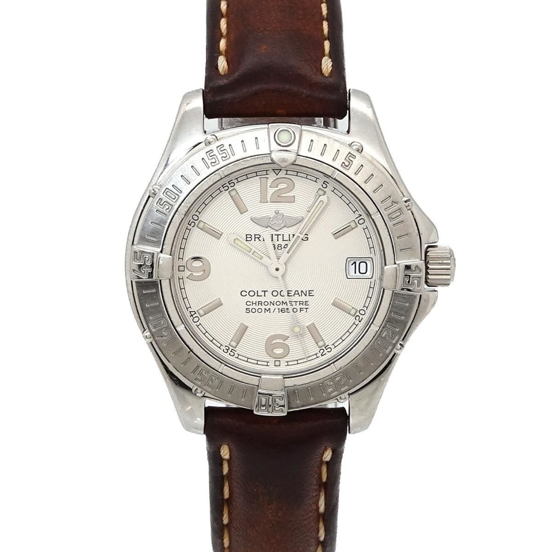 Breitling Colt Ocean A77350 Ladies' Watch, Date, Silver, Quartz Watch: --- Catalog ---Category: SizeWrist Size: 16.5cm / 6.49''Case Diameter: 34mm / 1.34''Category: DesignType: WristwatchGender: WomenColor (Dial): SilverMaterial (Band): Leather, Stainless steelMaterial (