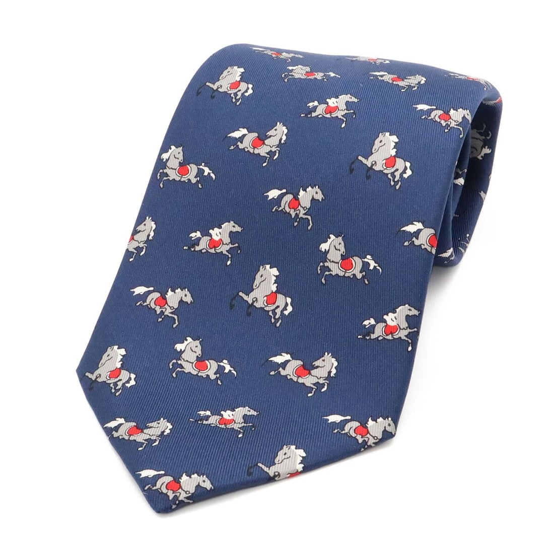 HERMES tie, horse motif, 100% silk, navy blue. (1 of 8)