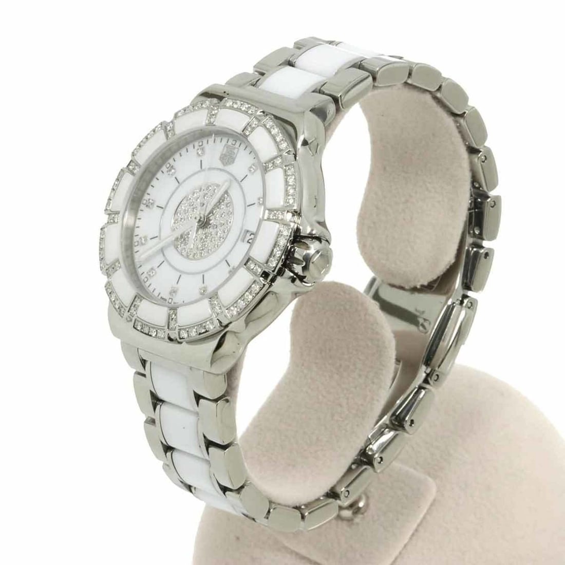 TAG Heuer Formula 1 WAH121D 10P Diamond Ladies Watch, Date, Bezel, White Ceramic Quartz Watch: --- Catalog ---Category: SizeWrist Size: 16.5cm / 6.49''Case Diameter: 35mm / 1.38''Category: DesignType: WristwatchGender: WomenColor (Dial): WhiteMaterial (Band): Ceramic, Stainless steelMaterial (C