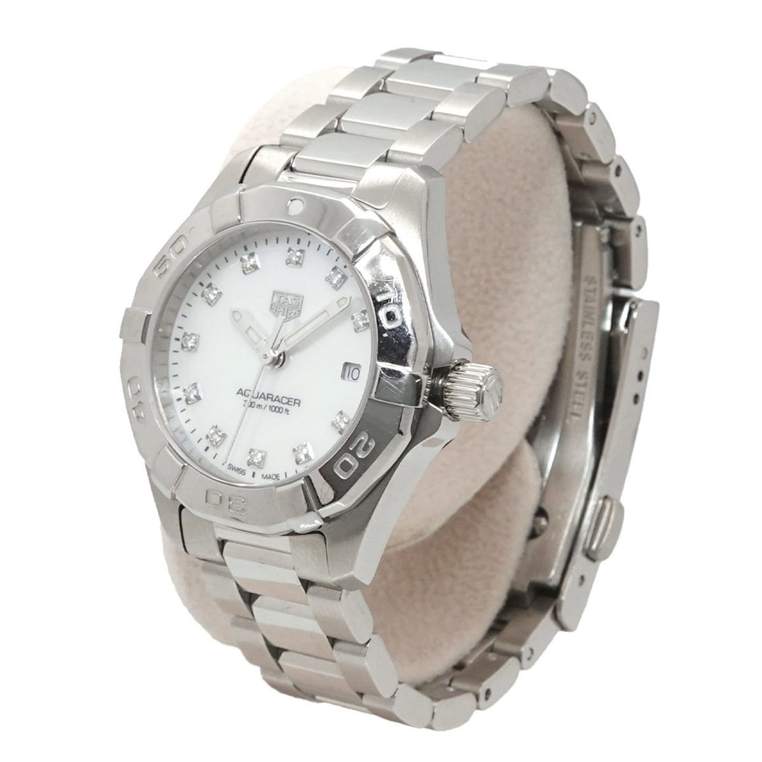 TAG Heuer Aquaracer 300m WBD1414 11P Diamond Ladies Watch Date White Mother-of-Pearl Quartz: --- Catalog ---Category: SizeWrist Size: 13.5cm / 5.31''Case Diameter: 28mm / 1.1''Category: DesignType: WristwatchGender: WomenColor (Dial): White shellMaterial (Band): Stainless steelMaterial (Case)