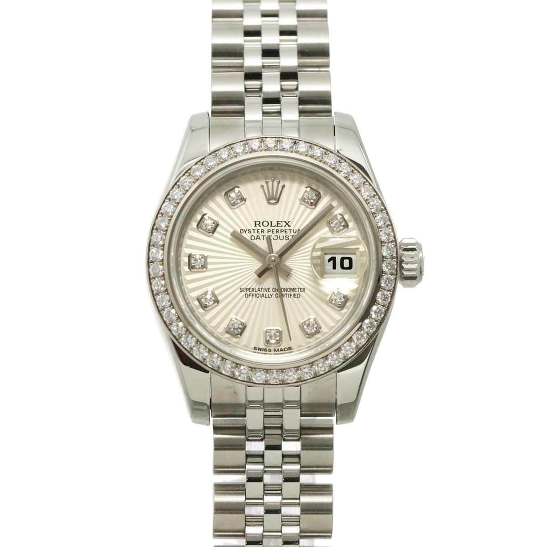 Rolex Datejust 179384G Random Serial Number Roulette Diamond Bezel Ladies Watch 10P Silver 18KWG: --- Catalog ---Category: SizeWrist Size: 14.5cm / 5.7''Case Diameter: 26mm / 1.02''Category: DesignType: WristwatchGender: WomenColor (Dial): SilverMaterial (Band): Stainless steelMaterial (Case): Sta