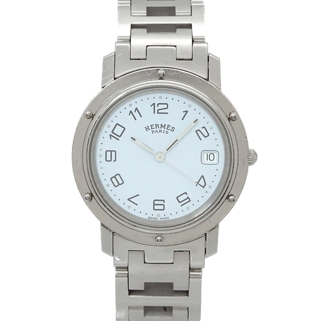 Hermes Clipper CL6 710 Men's Watch, Date Display, White Quartz Watch: --- Catalog ---Category: SizeWrist Size: 16cm / 6.29''Case Diameter: 36mm / 1.42''Category: DesignType: WristwatchGender: MenColor (Dial): WhiteMaterial (Band): Stainless steelMaterial (Case): Stainle