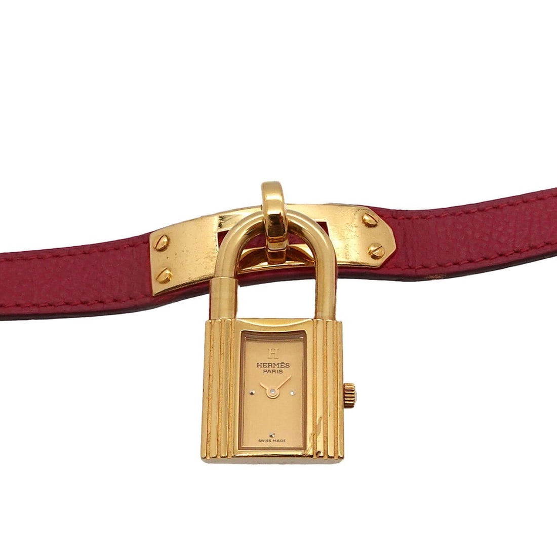 Hermes Kelly Watch, Ladies' Gold and Red Quartz Watch with Padlock: --- Catalog ---Category: SizeWrist Size: 13.5cm - 16cm / 5.31'' - 6.29''Case Diameter: 20mm / 0.79''Category: DesignType: WristwatchGender: WomenColor (Dial): GoldMaterial (Band): Gold plated, Leather