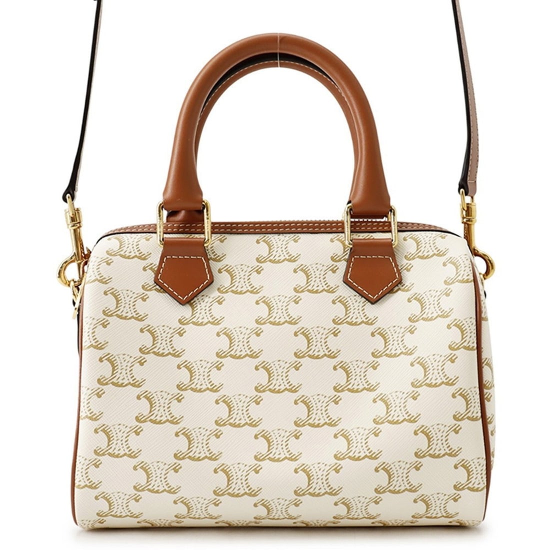 Celine Triomphe Small Boston Bag 197582 CELINE 2-way Shoulder Handbag: --- Catalog ---Category: SizeSize (HxWxD): 15.5cm x 20cm x 10.5cm / 6.1'' x 7.87'' x 4.13''Category: DesignType: Boston bag, HandbagColor: Beige, BrownGender: WomenMaterial: PVC , Leather Category: Ge