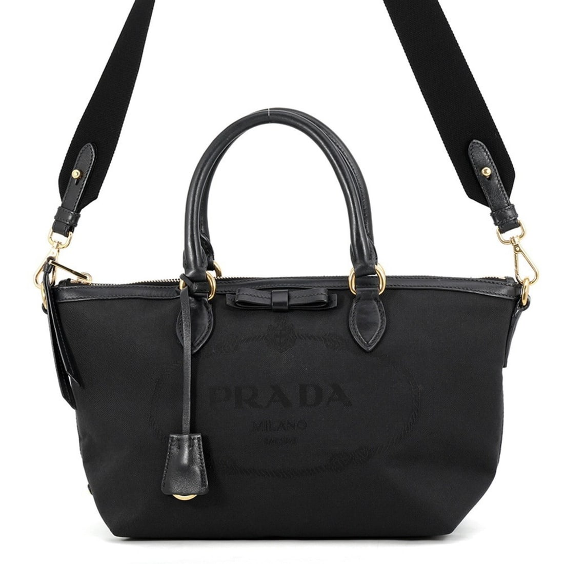 Prada handbag, jacquard canvas leather, 1BA579, PRADA, 2-way, black.: --- Catalog ---Category: SizeSize (HxWxD): 21cm x 35cm x 16cm / 8.26'' x 13.77'' x 6.29''Category: DesignType: HandbagColor: BlackGender: WomenMaterial: Canvas , Leather Category: GeneralBrand: PradaC