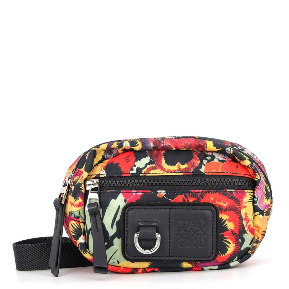 Loewe Pansy Small Round Bum Bag, Joe Brainard Collaboration, Nylon, B664A35X01, Black, Handbag: --- Catalog ---Category: SizeSize (HxWxD): 11cm x 20cm x 6cm / 4.33'' x 7.87'' x 2.36''Category: DesignType: Sling bagColor: Black, Multi-colorGender: WomenMaterial: Nylon , Leather Category: GeneralB