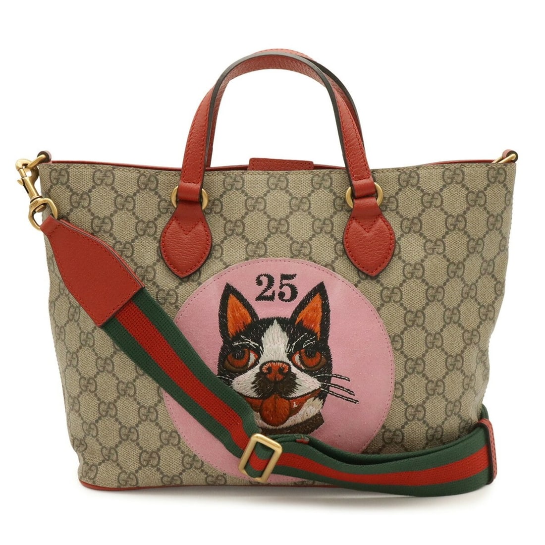 GUCCI GG Supreme BOSCO Dog Applique Tote Bag/Shoulder Bag (Beige, Red, Pink) 473887: --- Catalog ---Category: SizeSize (HxWxD): 22cm x 33cm x 10.5cm / 8.66'' x 12.99'' x 4.13''Category: DesignType: Shoulder bag, Tote bagColor: Beige, Beige pink, Green, Pink, Pink red, Red color, Yello