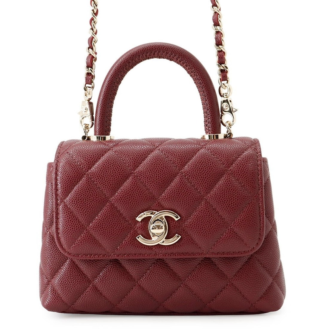 Chanel Matelassé Mini Handbag with Coco Handle, Caviar Skin, AP4244, 2-way Chain Shoulder Bag, for: --- Catalog ---Category: SizeWeight: 360g / 12.69oz.Size (HxWxD): 11.5cm x 16.5cm x 5cm / 4.52'' x 6.49'' x 1.96''Strap Length: 117cm / 46.06''Category: DesignType: HandbagColor: BordeauxGender: Women