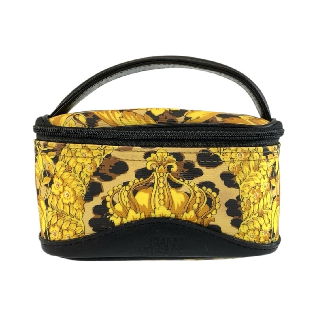 VERSACE Sunburst Leopard Print Yellow Black Gold Hardware Handbag Pouch Vanity Bag for Women: --- Catalog ---Category: SizeSize (HxWxD): 7cm x 12.5cm x 7cm / 2.75'' x 4.92'' x 2.75''Category: DesignType: Handbag, Pouch, Vanity bagColor: Black, YellowGender: WomenMaterial: PVC Hardware Color: G