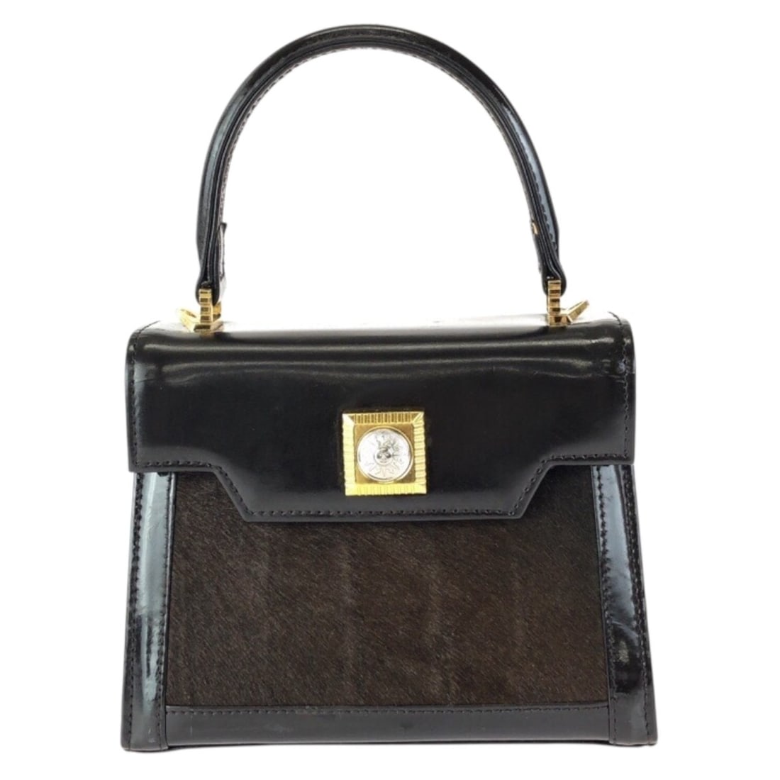 VERSACE Sunburst Pony Hair Dark Brown Gold Hardware Enamel Calf Handbag for Women: --- Catalog ---Category: SizeSize (HxWxD): 13cm x 16.5cm x 11cm / 5.11'' x 6.49'' x 4.33''Category: DesignType: HandbagColor: Dark brownGender: WomenMaterial: Leather Hardware Color: GoldLeather/Fur T