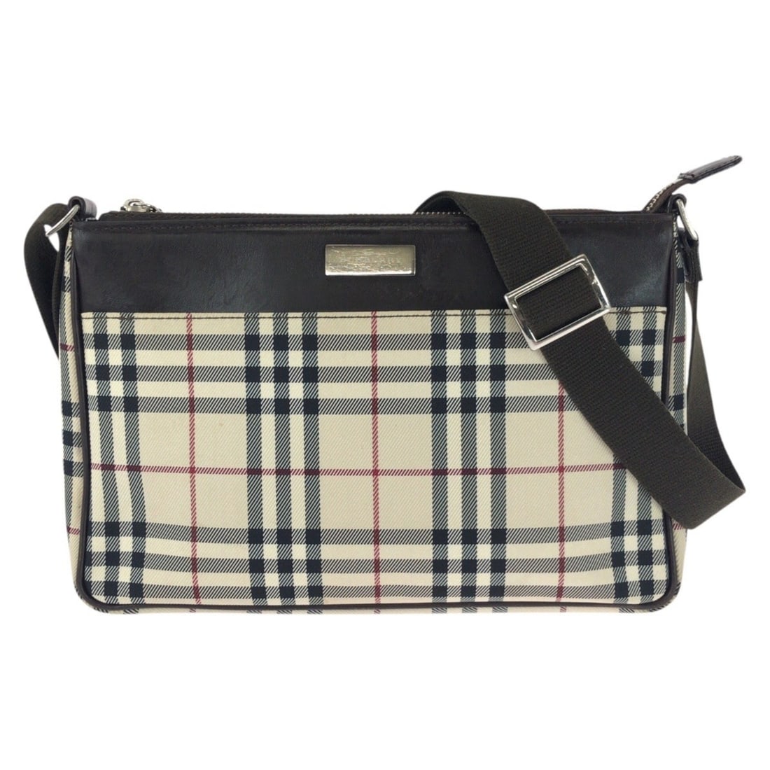 BURBERRY Burberry Check Pattern Beige Dark Brown Canvas Leather Shoulder Bag for Women: --- Catalog ---Category: SizeSize (HxWxD): 18cm x 26cm x 5cm / 7.08'' x 10.23'' x 1.96''Category: DesignType: Shoulder bagColor: Beige, Dark brownGender: WomenMaterial: Canvas , Leather Hardware Color