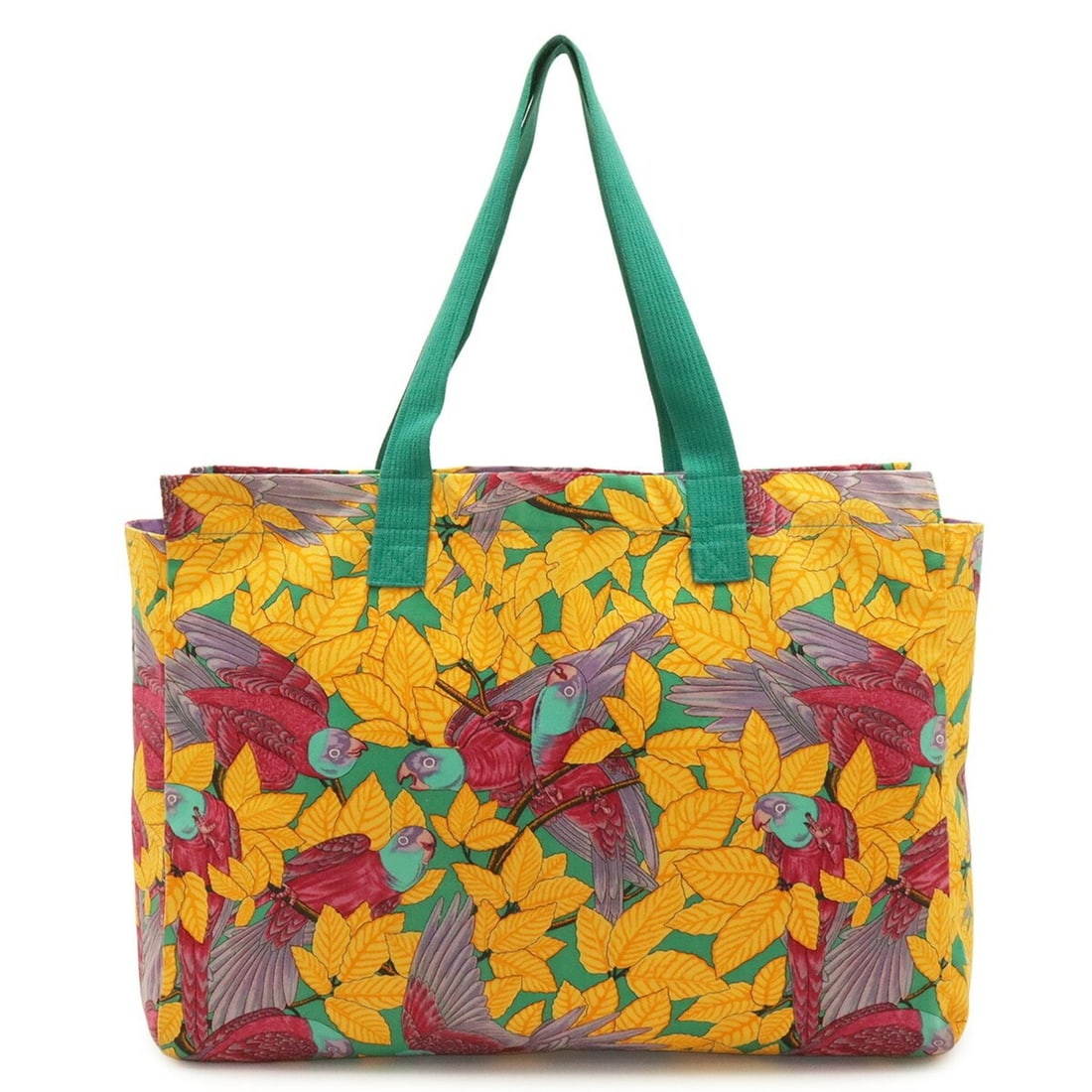HERMES Large Tote Bag/Shoulder Bag with Botanical Bird Print, Canvas, Yellow, Green, and Multicolor: --- Catalog ---Category: SizeSize (HxWxD): 35cm x 46cm x 11.5cm / 13.77'' x 18.11'' x 4.52''Category: DesignType: Shoulder bag, Tote bagColor: Green, Multi-color, YellowGender: WomenMaterial: Canvas C