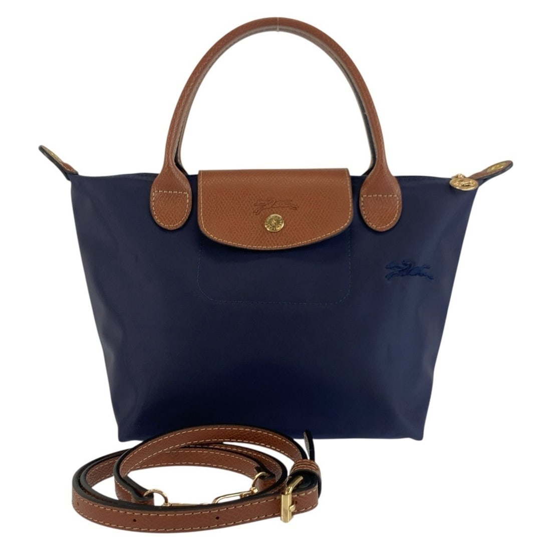 Longchamp Le Pliage navy brown gold hardware nylon leather tote bag shoulder 2-way women's (1 of 13)