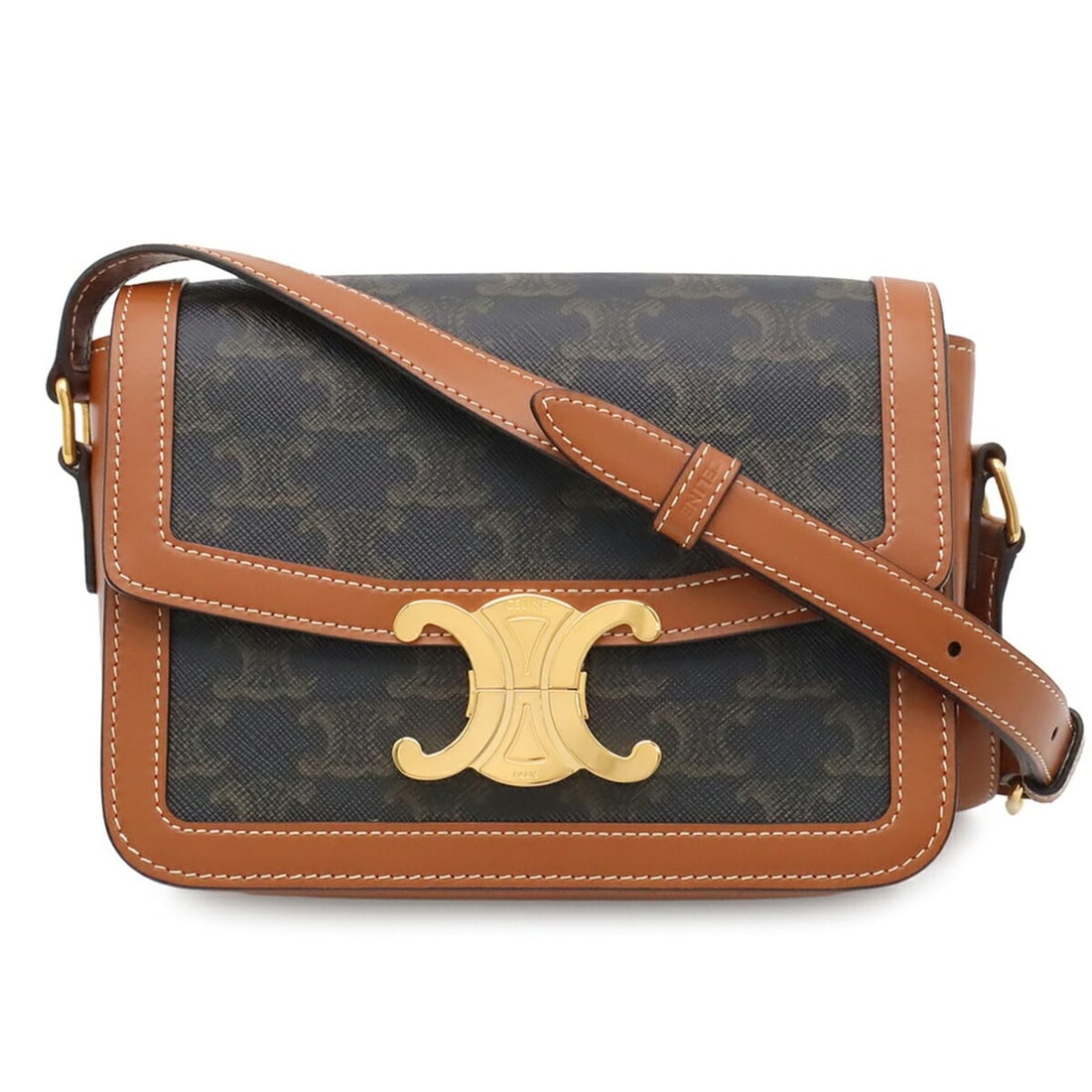 CELINE Celine Teen Triomphe Bag Pochette Shoulder Canvas Calfskin Tan Brown 188882: --- Catalog ---Category: SizeSize (HxWxD): 15cm x 18.5cm x 5.5cm / 5.9'' x 7.28'' x 2.16''Category: DesignType: Pochette, Shoulder bagColor: BrownGender: WomenMaterial: Canvas , Leather Leather/Fur Ty
