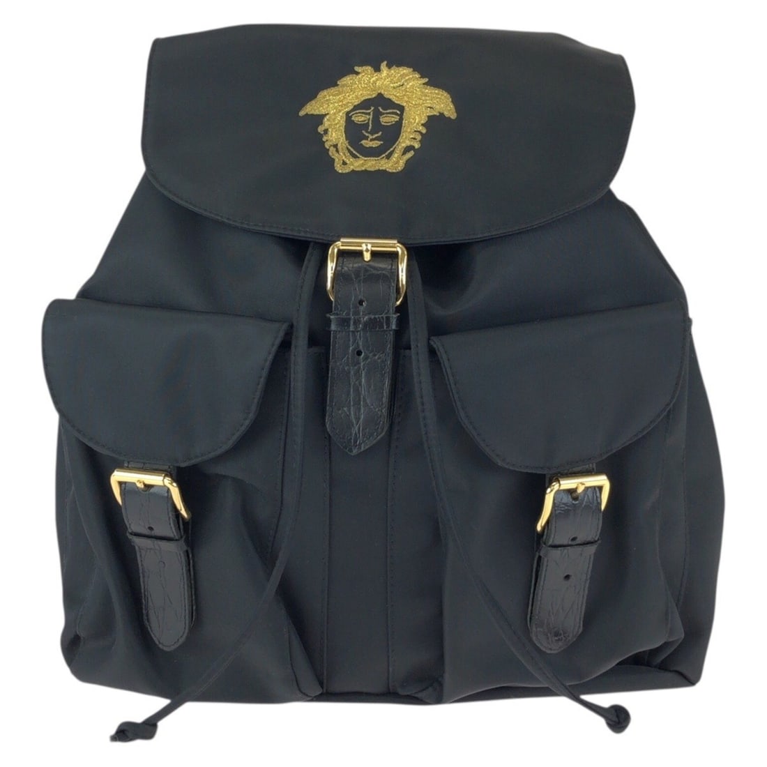 VERSACE Vintage Medusa Backpack (Black, Gold Hardware, Nylon & Leather) for Women: --- Catalog ---Category: SizeSize (HxWxD): 30cm x 30cm x 10cm / 11.81'' x 11.81'' x 3.93''Category: DesignType: BackpackColor: BlackGender: WomenMaterial: Nylon , Leather Hardware Color: GoldCategory: