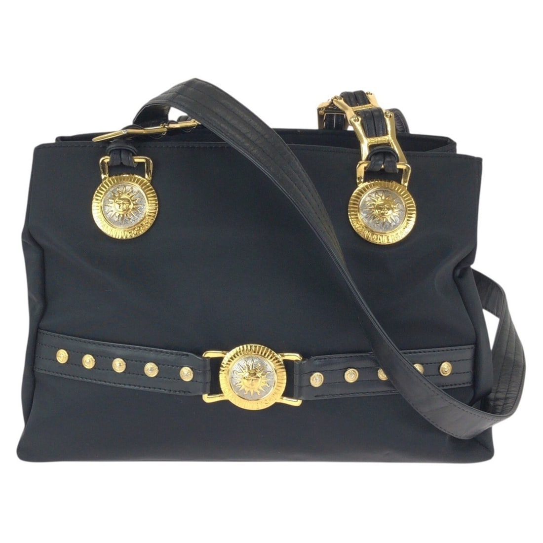VERSACE Vintage Sunburst Black Nylon Leather Shoulder Bag/Tote Bag with Gold Hardware for Women: --- Catalog ---Category: SizeSize (HxWxD): 20cm x 26cm x 9cm / 7.87'' x 10.23'' x 3.54''Category: DesignType: Shoulder bag, Tote bagColor: BlackGender: WomenMaterial: Nylon , Leather Hardware Color: G