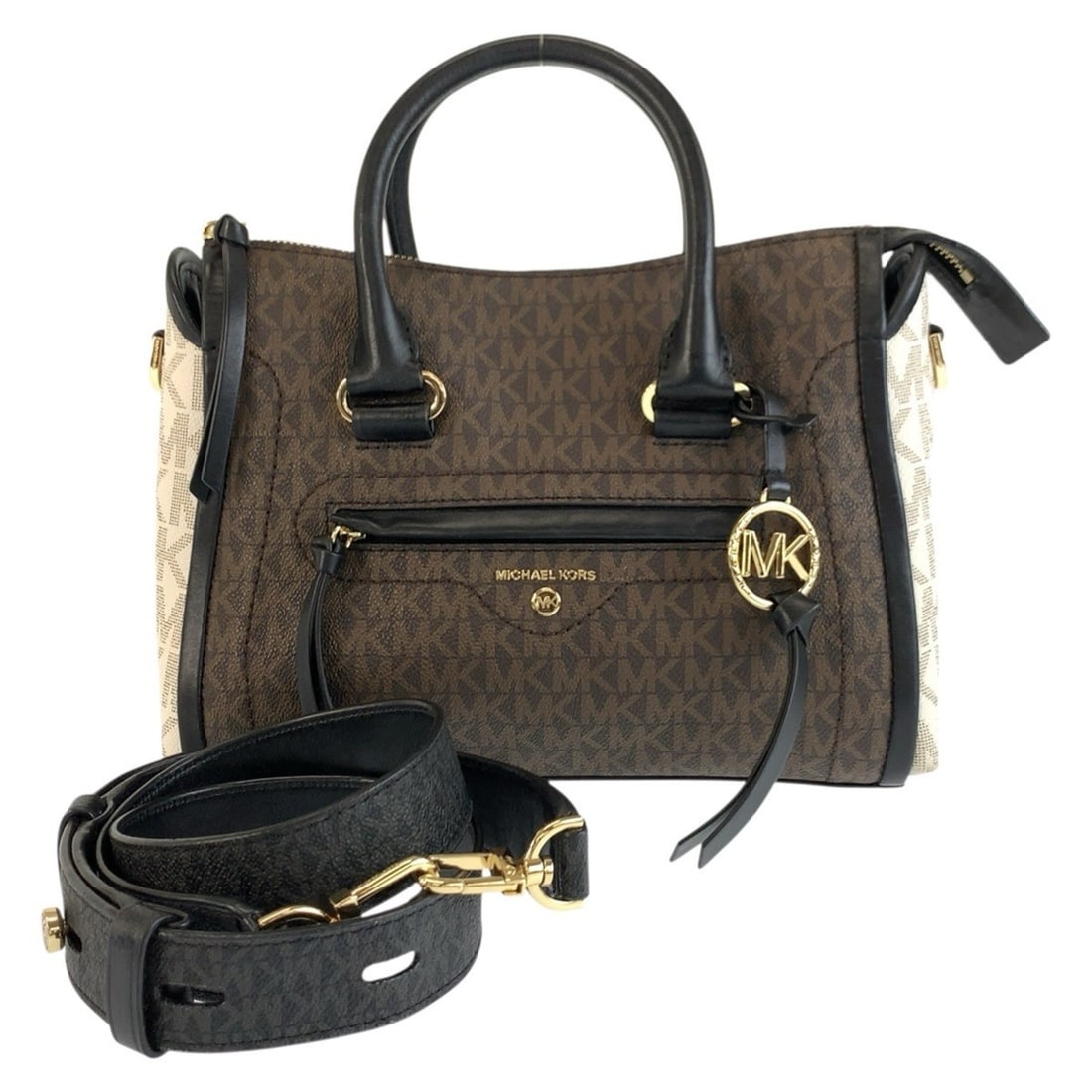 Michael Kors MK Signature Satchel, Brown, White, Black, 30S0GCCS1V, Handbag, Shoulder Bag, Women's: --- Catalog ---Category: SizeSize (HxWxD): 21cm x 28cm x 8cm / 8.26'' x 11.02'' x 3.14''Category: DesignType: Handbag, Shoulder bagColor: Black, Brown, WhiteGender: WomenMaterial: PVC Category: Genera