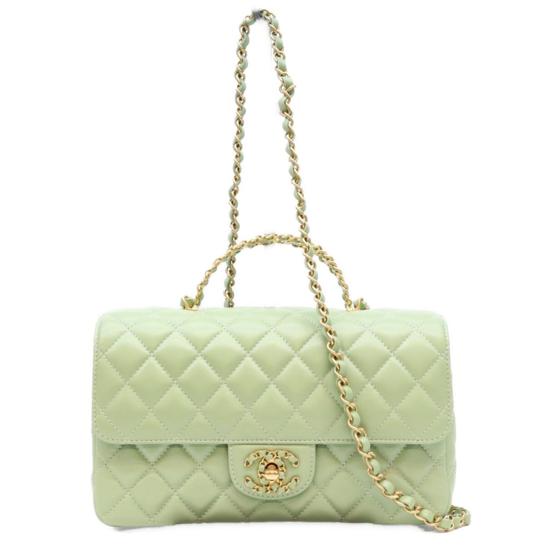 CHANEL Chanel Mint Green Lambskin Gold Hardware Chain Top Handle Matelassé 23 Shoulder Bag Women's: --- Catalog ---Category: SizeSize (HxWxD): 13cm x 23cm x 6.5cm / 5.11'' x 9.05'' x 2.55''Category: DesignType: Shoulder bagColor: GreenGender: WomenMaterial: Leather Hardware Color: GoldLeather/Fur Ty