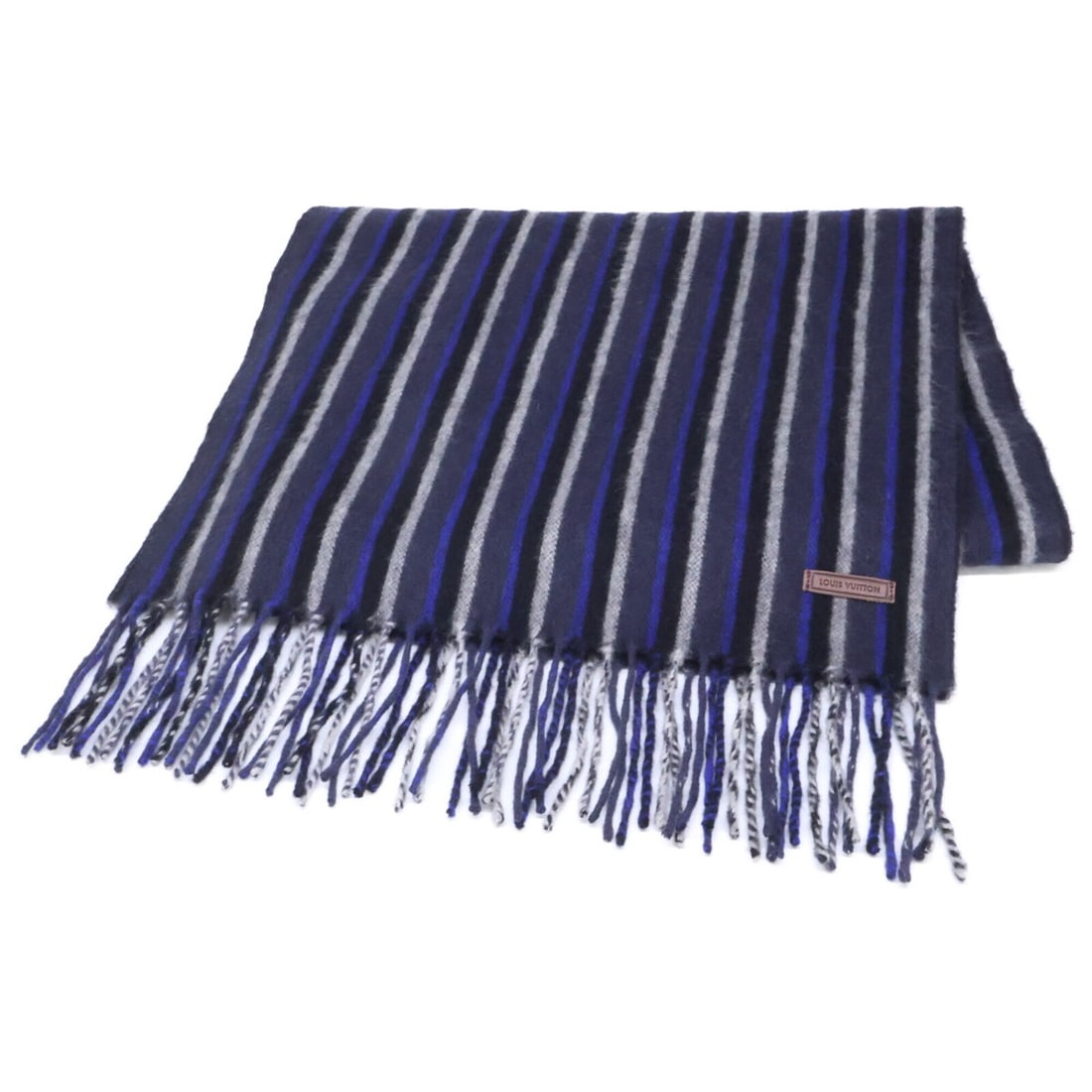 LOUIS VUITTON Louis Vuitton Logo Leather Tag Cashmere Blend Wool Stripe Fringe Stole Scarf Black (1 of 13)