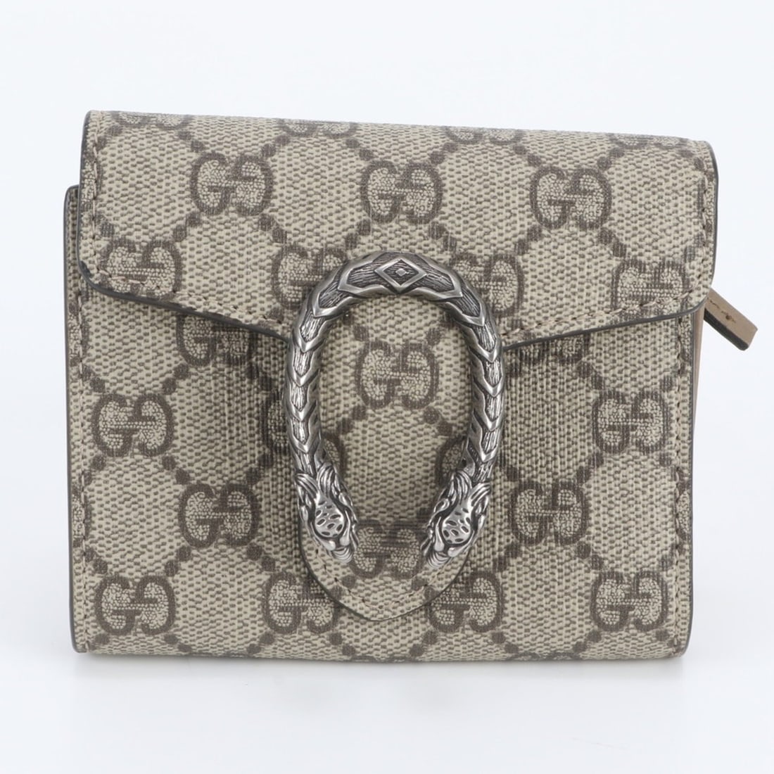 Gucci GG Supreme Dionysus 627073 Leather Tri-fold Wallet Compact for Women: --- Catalog ---Category: SizeSize (HxWxD): 10cm x 11cm x 1.5cm / 3.93'' x 4.33'' x 0.59''Category: DesignType: Wallet (tri-fold)Color: BrownGender: WomenMaterial: Leather , Coated canvas Category: Gen