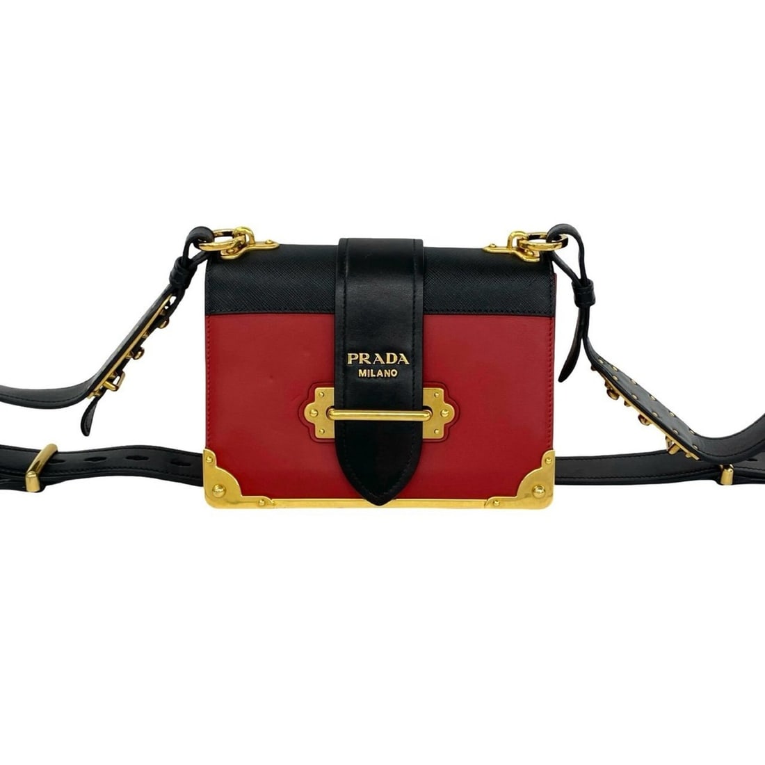 PRADA Cahier Logo Hardware Leather Mini Shoulder Bag Pouch Red Black Gold 91471: --- Catalog ---Category: SizeSize (HxWxD): 14cm x 20cm x 8cm / 5.51'' x 7.87'' x 3.14''Category: DesignType: Pochette, Shoulder bagColor: Black, Gold, Red colorGender: WomenMaterial: Leather Category: