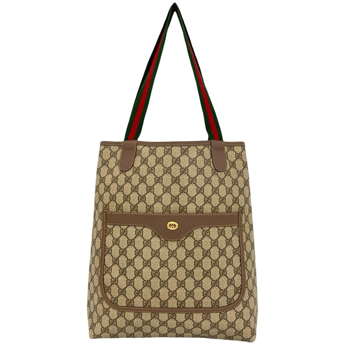 GUCCI Vintage Sherry Line GG Logo Leather Tote Bag/Shoulder Bag, Brown, 96853: --- Catalog ---Category: SizeSize (HxWxD): 35cm x 31cm x 10cm / 13.77'' x 12.2'' x 3.93''Category: DesignType: Shoulder bag, Tote bagColor: Brown, Green, Red colorGender: WomenMaterial: Leather , PVC 