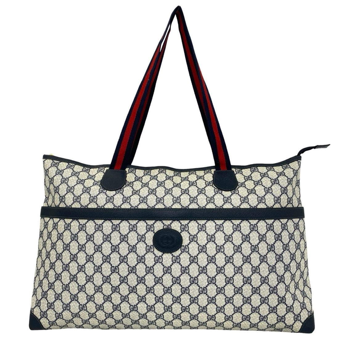 GUCCI Vintage Sherry Line GG Logo Leather Tote Bag/Handbag, Navy, 05815: --- Catalog ---Category: SizeSize (HxWxD): 32cm x 49cm x 11cm / 12.59'' x 19.29'' x 4.33''Category: DesignType: Handbag, Tote bagColor: Navy, Red colorGender: WomenMaterial: Leather , PVC Category: Ge