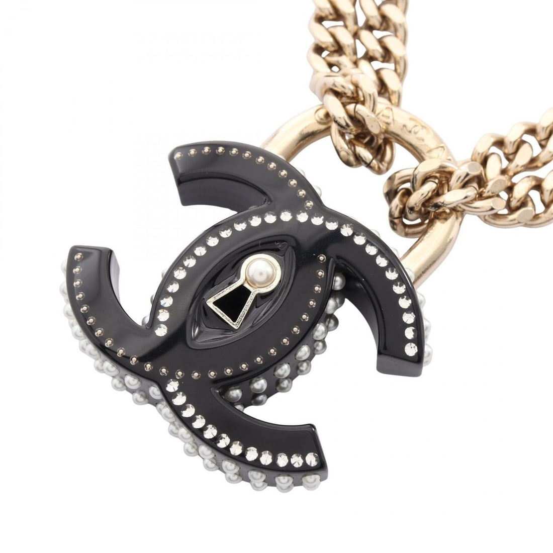 Chanel D22C Coco Mark Padlock Motif Double Choker Accessory GP (Gold Plated) Faux Pearl Women's: --- Catalog ---Category: SizeNeck Circumference: 34 cm - 41 cm / 13.38'' - 16.14''Category: DesignColor: Black, Gold, WhiteGender: WomenMaterial: Gold platingNecklace Type: ChokerCategory: GeneralBran